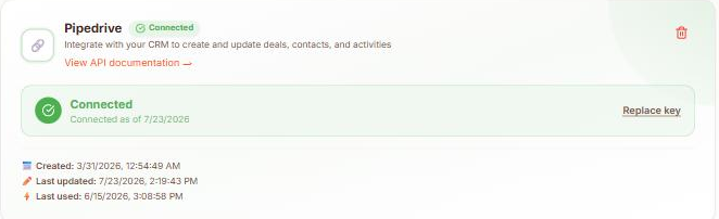 Scurry integrations screen showing Pipedrive with a green Connected status