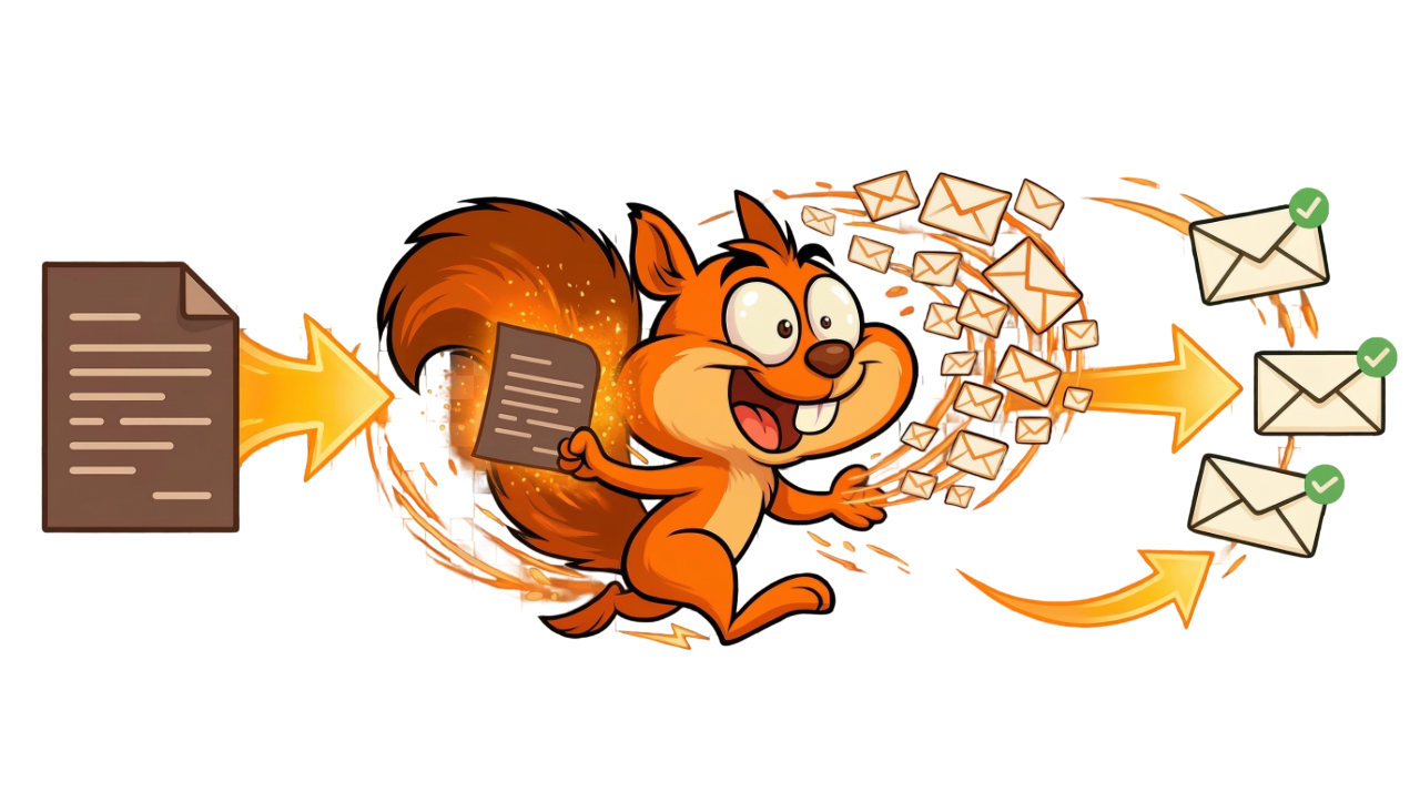 Scurry squirrel with a meeting transcript becoming email sequences