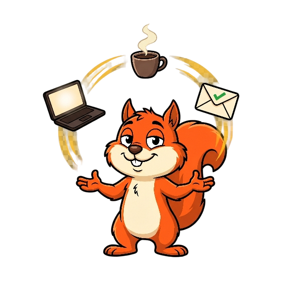 Squirrel juggling laptop, coffee, and email