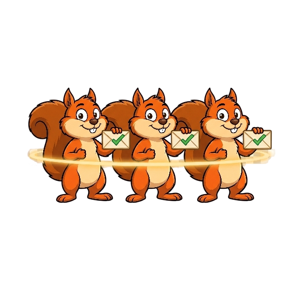 Three squirrels holding checkmarked emails