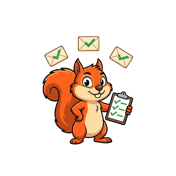 Squirrel with clipboard and email checkmarks