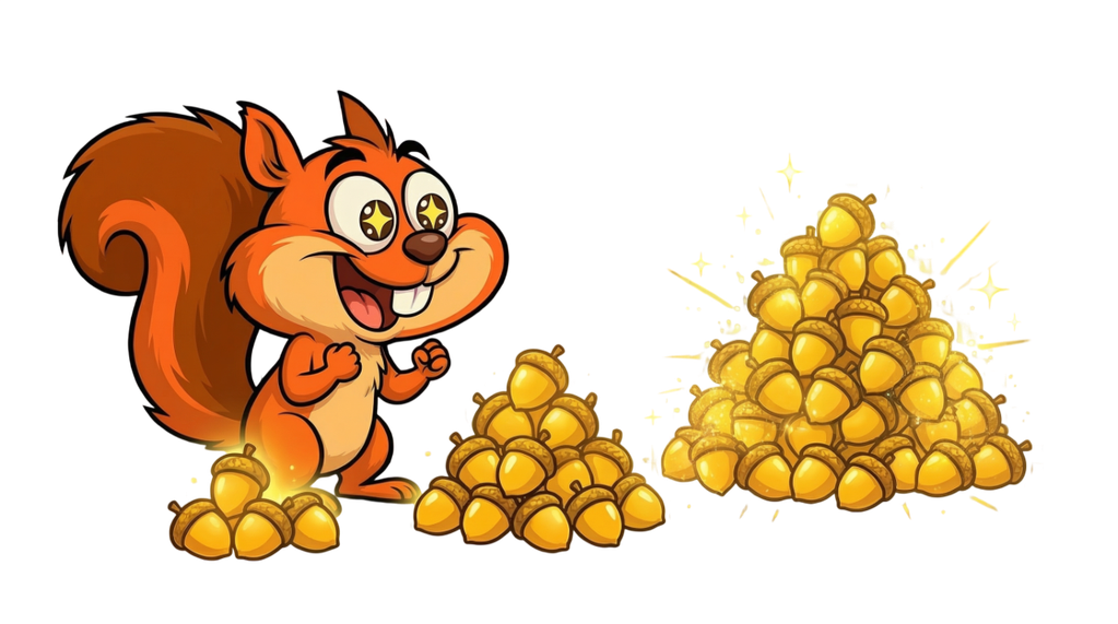Excited squirrel with piles of golden acorns