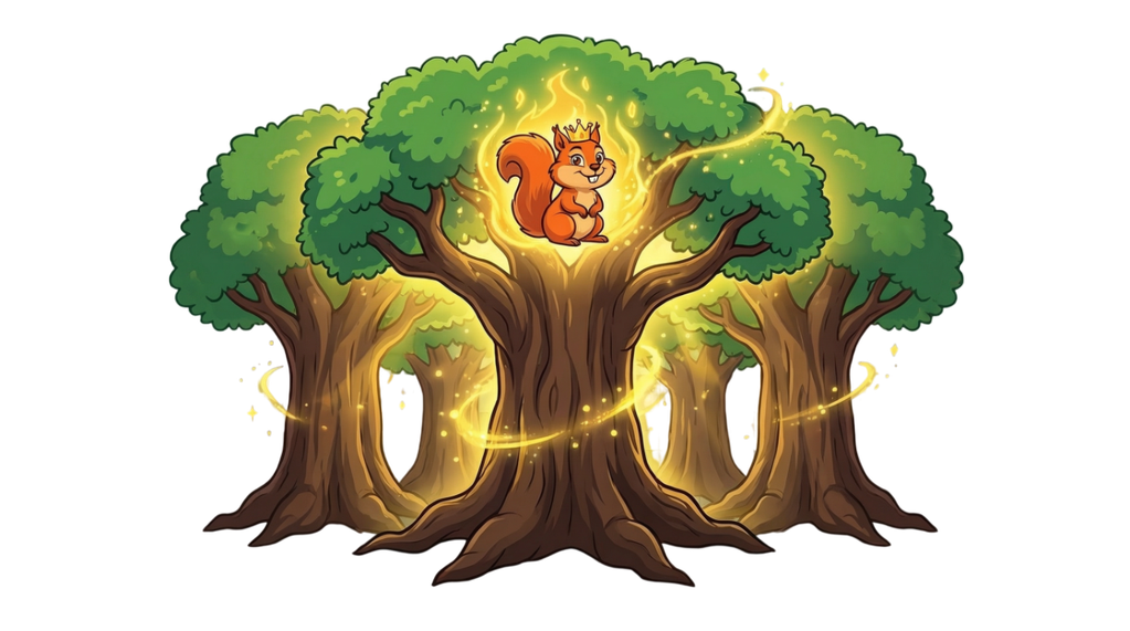 Crowned squirrel among ancient trees