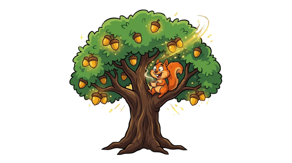 Oak tree with squirrel enjoying coffee